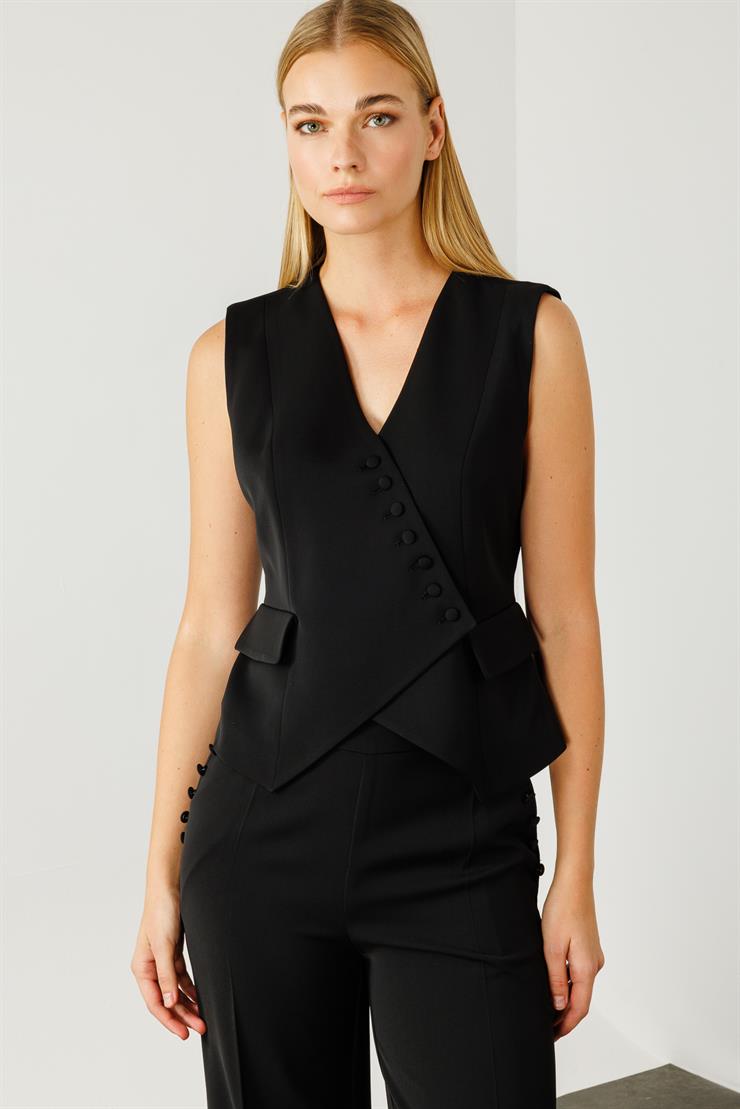 Modailgi  Kruvaze Kapamalı Düğme Detaylı Kısa Yelek - 4104 Siyah