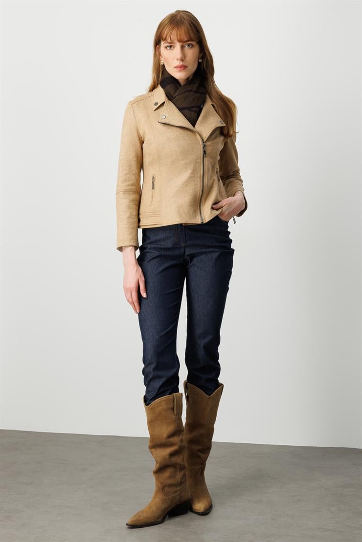 Modailgi  Kruvaze Kapamalı Fermuarlı Spor Dikişli Ve Kesikli Kısa Mont Ceket Vizon