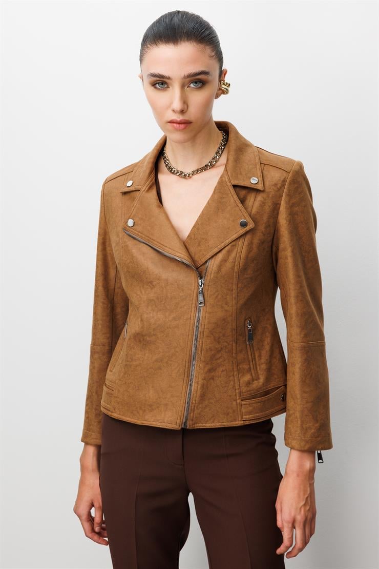 Modailgi  Kruvaze Kapamalı Fermuarlı Spor Dikişli Ve Kesikli Kısa Mont Ceket Taba