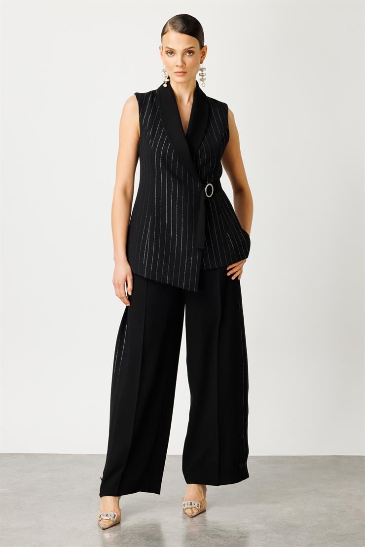 Modailgi  Kruvaze Kapamalı Şal Yaka Simli Yelek Siyah