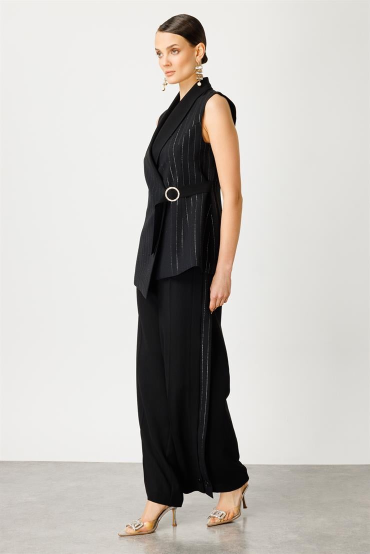 Modailgi  Kruvaze Kapamalı Şal Yaka Simli Yelek Siyah