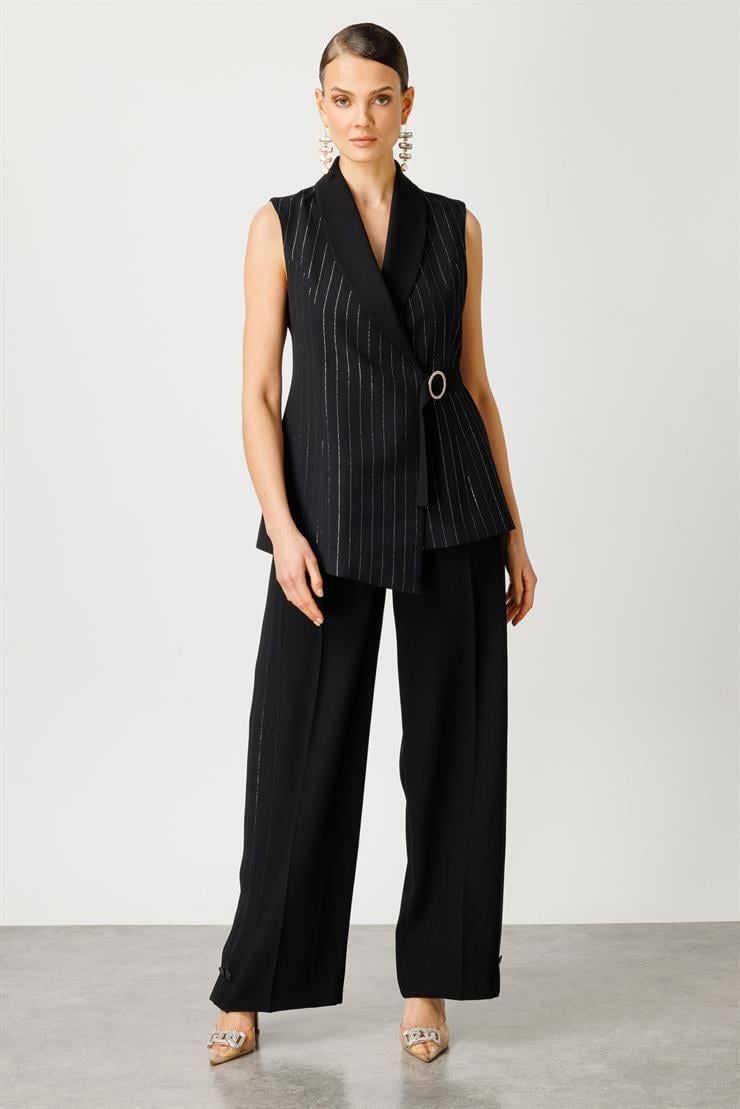 Modailgi  Kruvaze Kapamalı Şal Yaka Simli Yelek Siyah