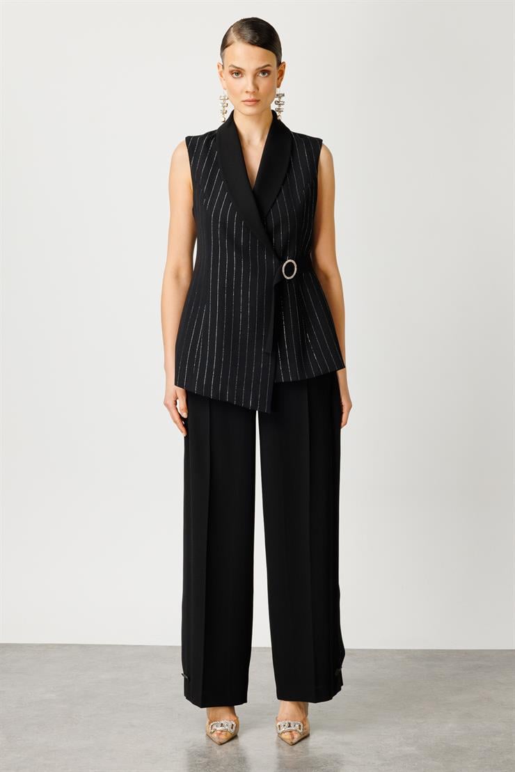 Modailgi  Kruvaze Kapamalı Şal Yaka Simli Yelek Siyah