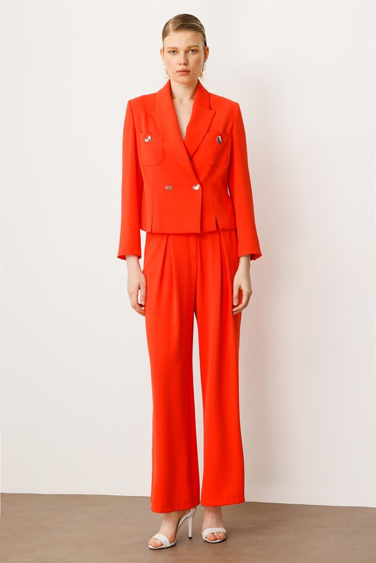 Modailgi  Kruvaze Kapamalı Torba Cepli Yırtmaçlı Kısa Ceket Mercan