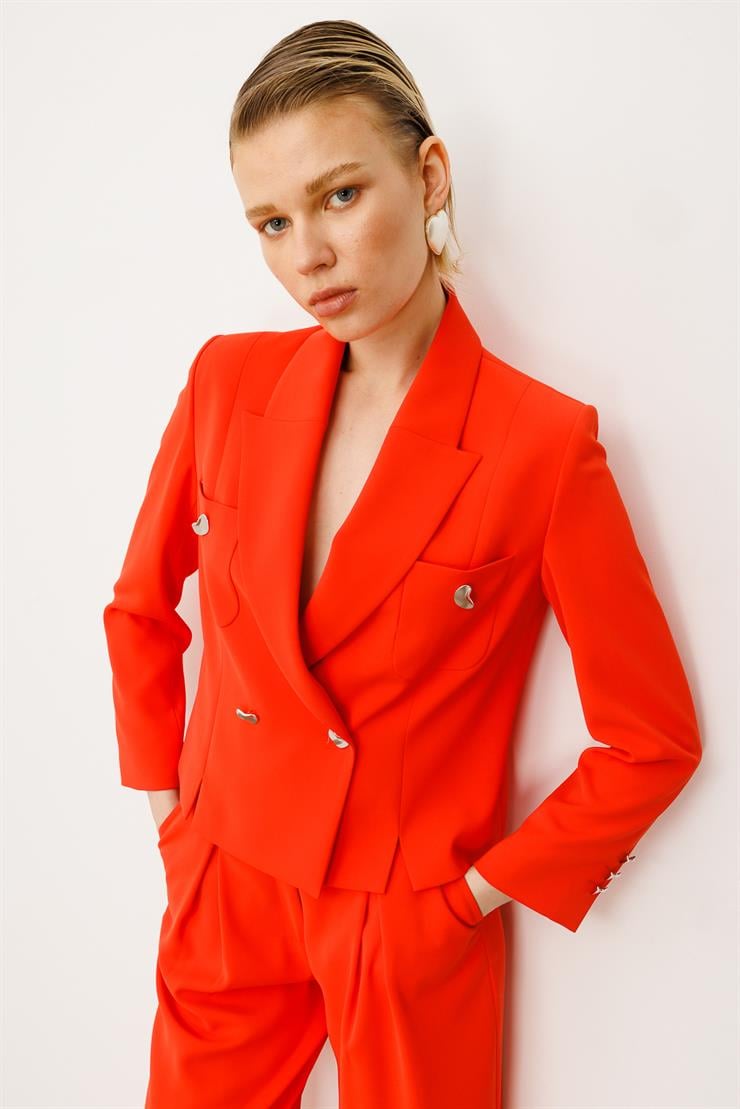 Modailgi  Kruvaze Kapamalı Torba Cepli Yırtmaçlı Kısa Ceket Mercan