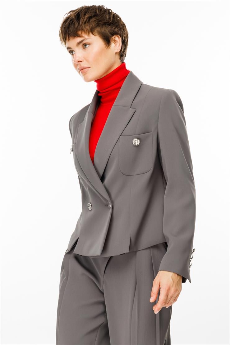 Modailgi  Kruvaze Kapamalı Torba Cepli Yırtmaçlı Kısa Ceket Gri