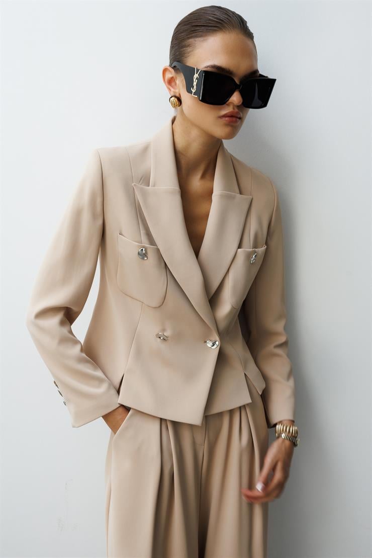 Modailgi  Kruvaze Kapamalı Torba Cepli Yırtmaçlı Kısa Ceket Taş