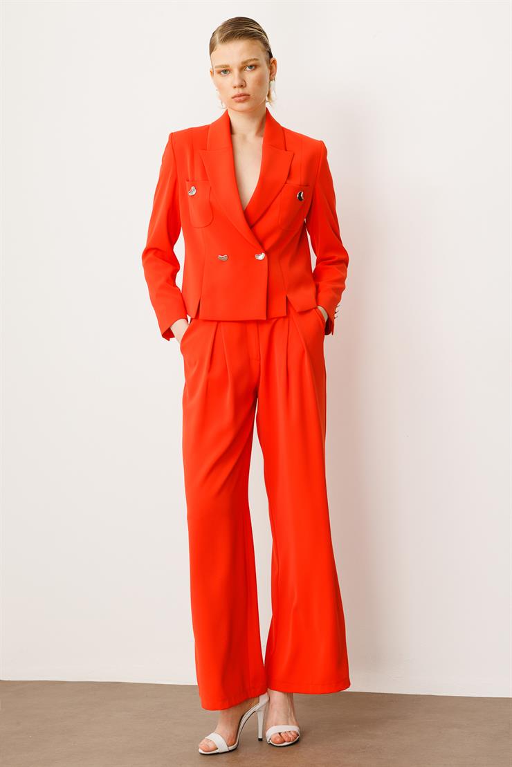 Modailgi  Kruvaze Kapamalı Torba Cepli Yırtmaçlı Kısa Ceket Mercan