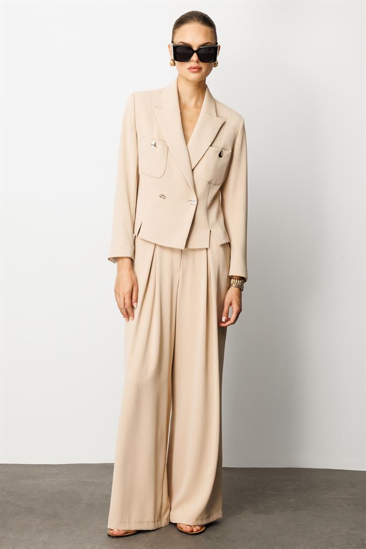 Modailgi  Kruvaze Kapamalı Torba Cepli Yırtmaçlı Kısa Ceket Taş