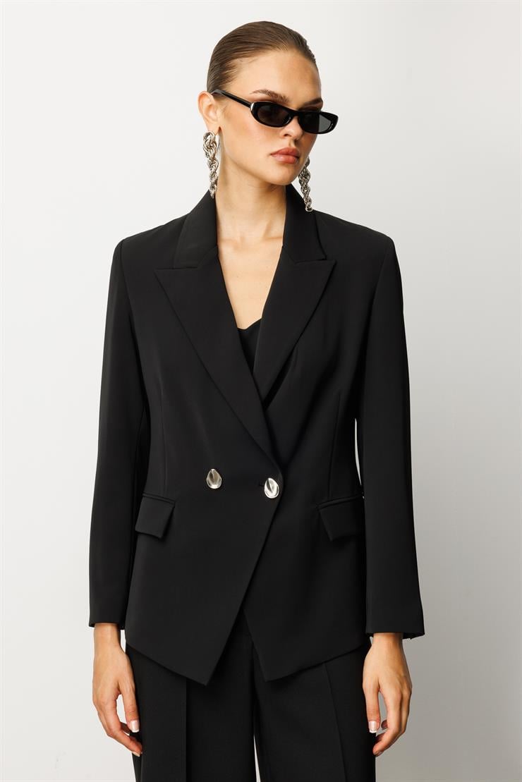 Modailgi  Kruvaze Kapamalı Torba Cepli Yırtmaçlı Kısa Ceket Siyah