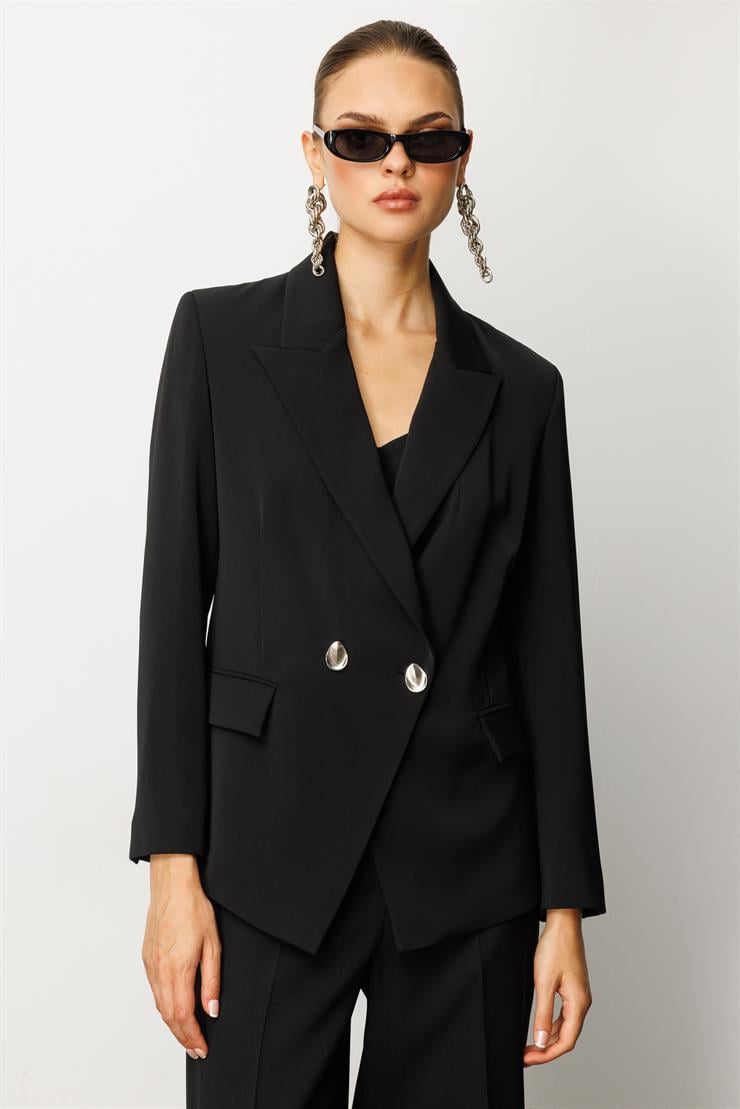 Modailgi  Kruvaze Kapamalı Torba Cepli Yırtmaçlı Kısa Ceket Siyah