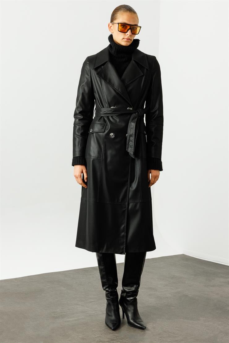 Modailgi  Kruvaze Kapamalı Uzun Deri Trençkot Siyah