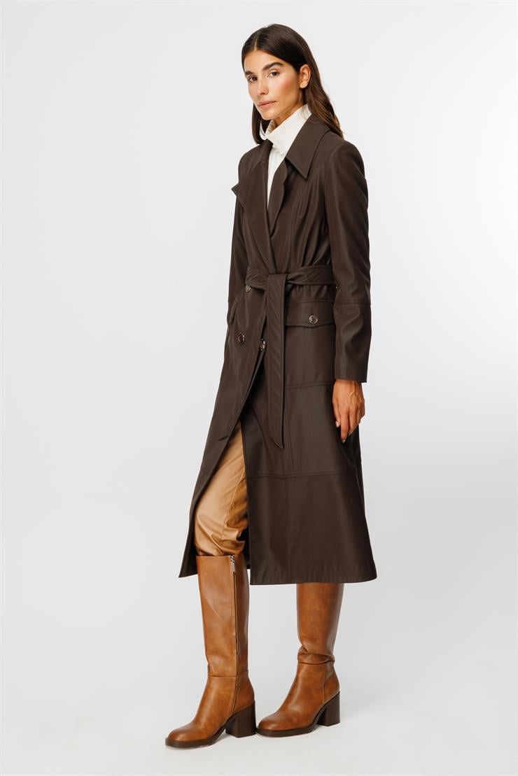 Modailgi  Kruvaze Kapamalı Uzun Deri Trençkot Kahve