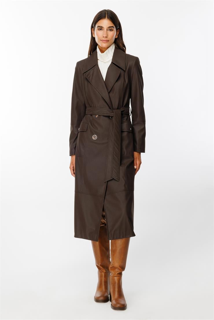 Modailgi  Kruvaze Kapamalı Uzun Deri Trençkot Kahve