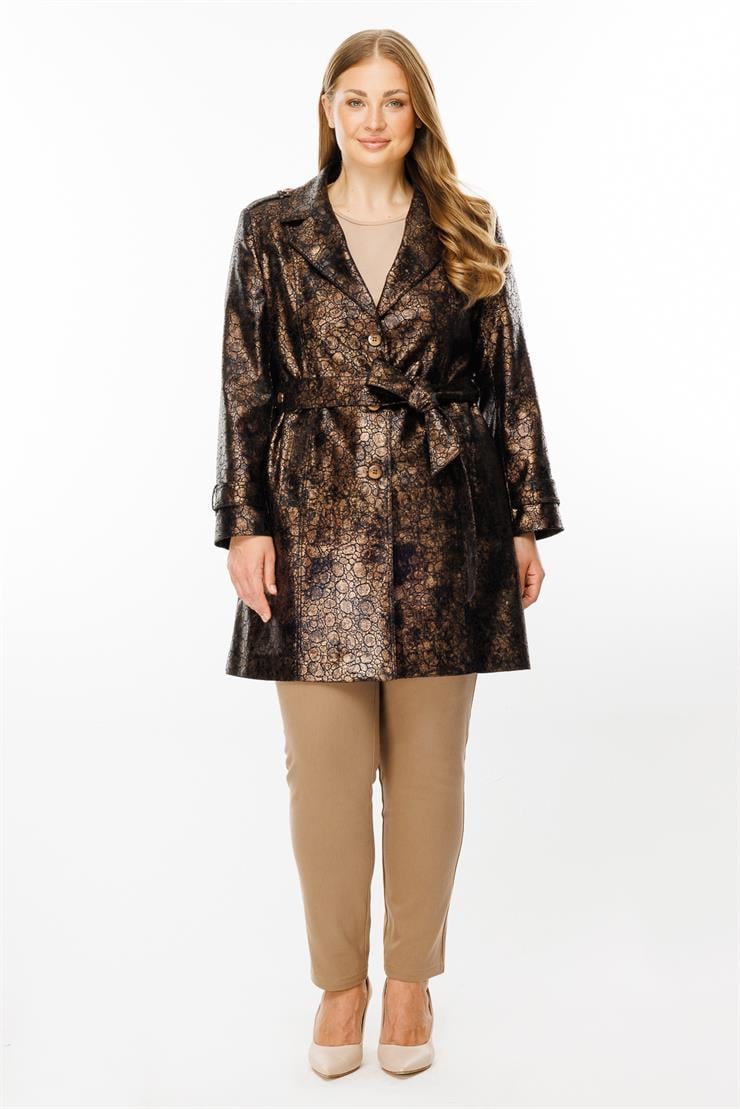 Modailgi  Kruvaze Kapamalı Varaklı Deri Trenç Gold/Siyah