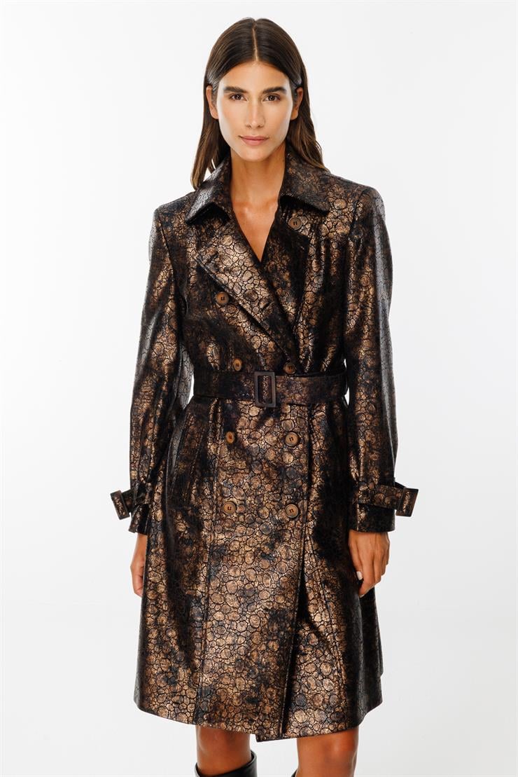 Modailgi  Kruvaze Kapamalı Varaklı Deri Trenç Gold/Siyah