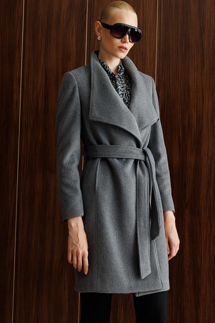 Modailgi  Kruvaze Kapamalı Yandan Kuşaklı Devrik Yaka Kaban Gri