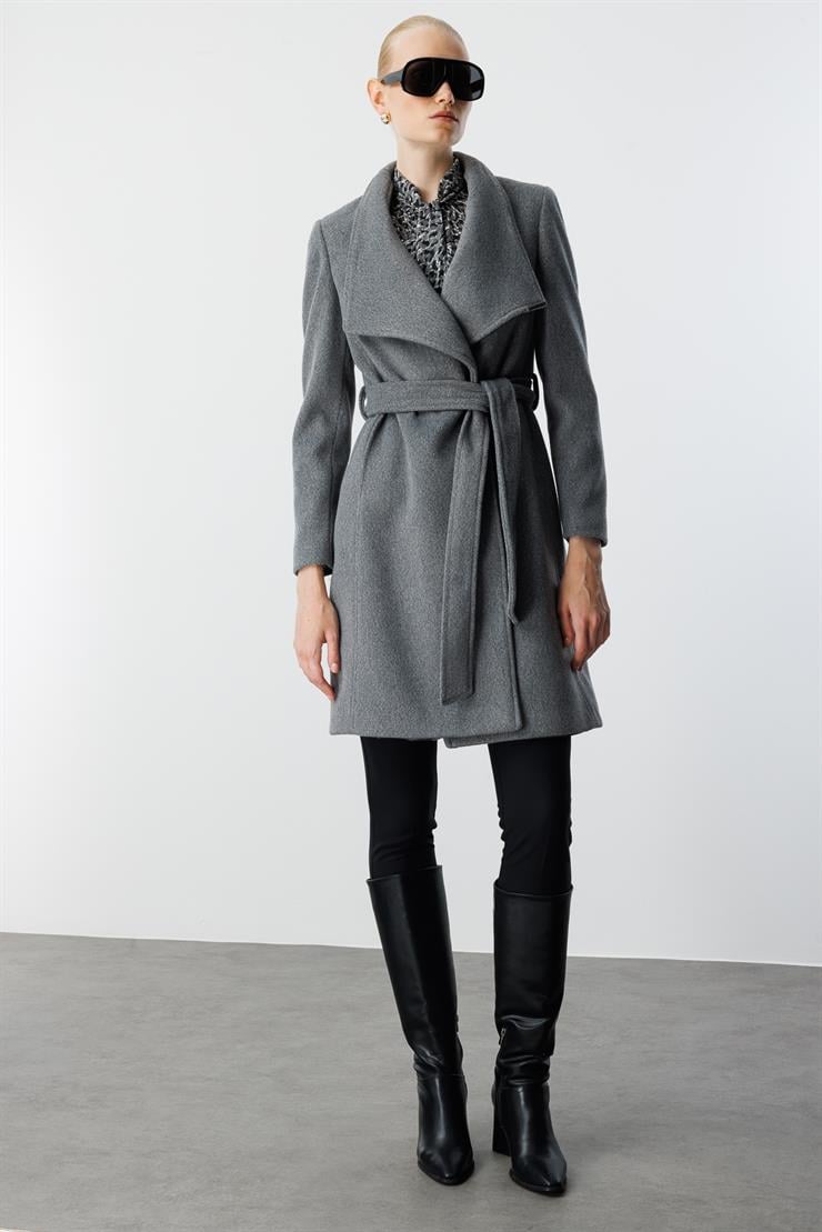 Modailgi  Kruvaze Kapamalı Yandan Kuşaklı Devrik Yaka Kaban Gri