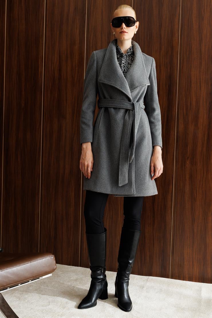 Modailgi  Kruvaze Kapamalı Yandan Kuşaklı Devrik Yaka Kaban Gri