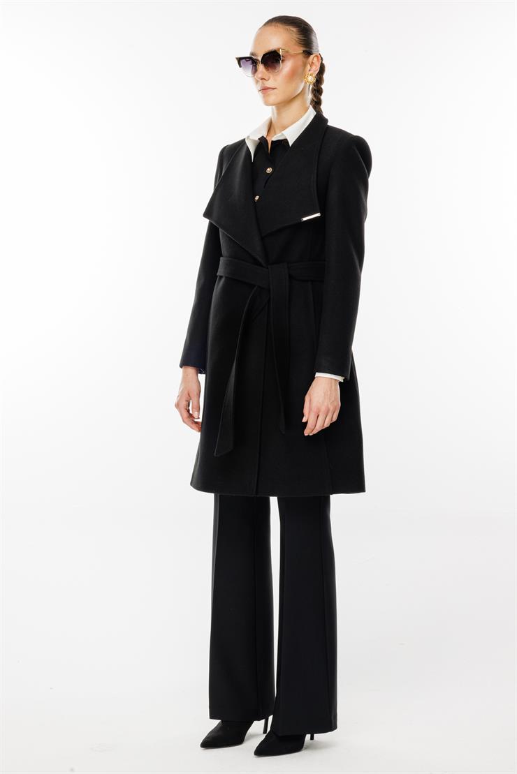 Modailgi  Kruvaze Kapamalı Yandan Kuşaklı Devrik Yaka Kaban Siyah