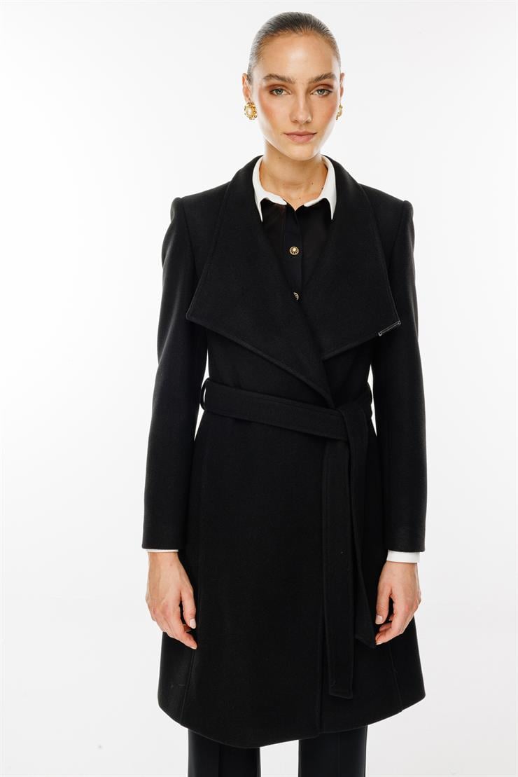 Modailgi  Kruvaze Kapamalı Yandan Kuşaklı Devrik Yaka Kaban Siyah