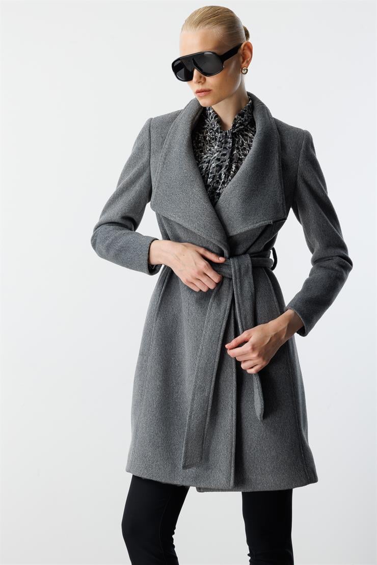 Modailgi  Kruvaze Kapamalı Yandan Kuşaklı Devrik Yaka Kaban Gri