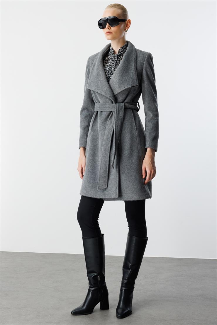 Modailgi  Kruvaze Kapamalı Yandan Kuşaklı Devrik Yaka Kaban Gri