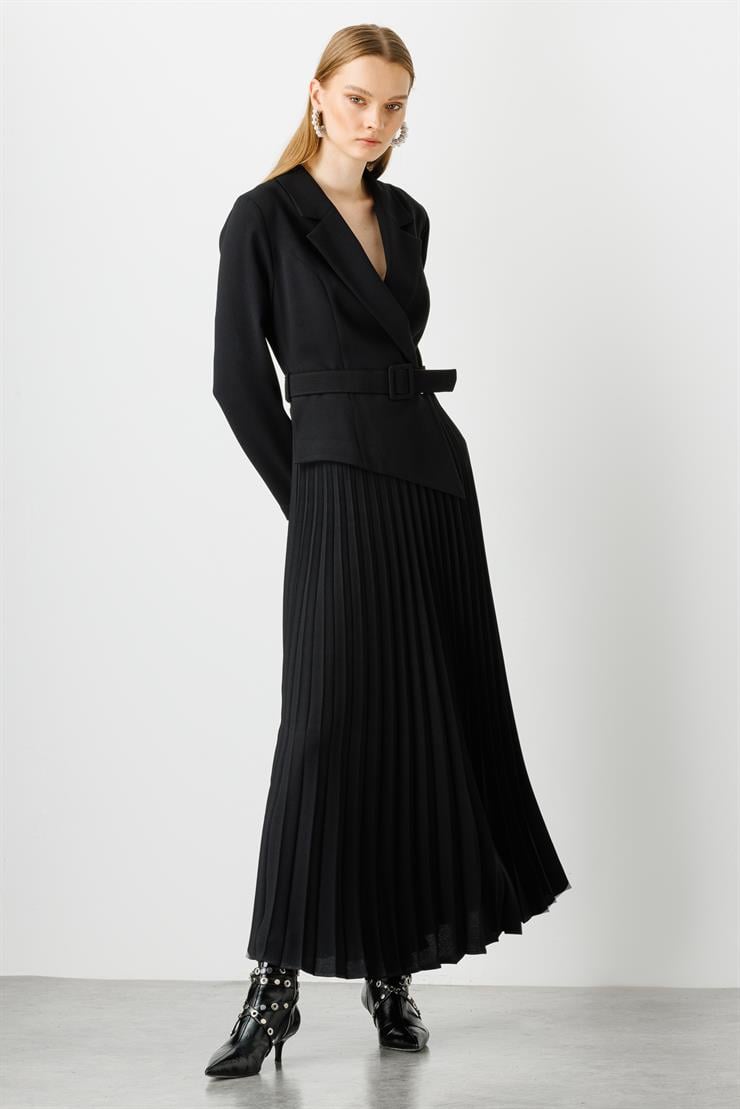 Modailgi  Kruvaze Kemerli Pilisoley Elbise Siyah