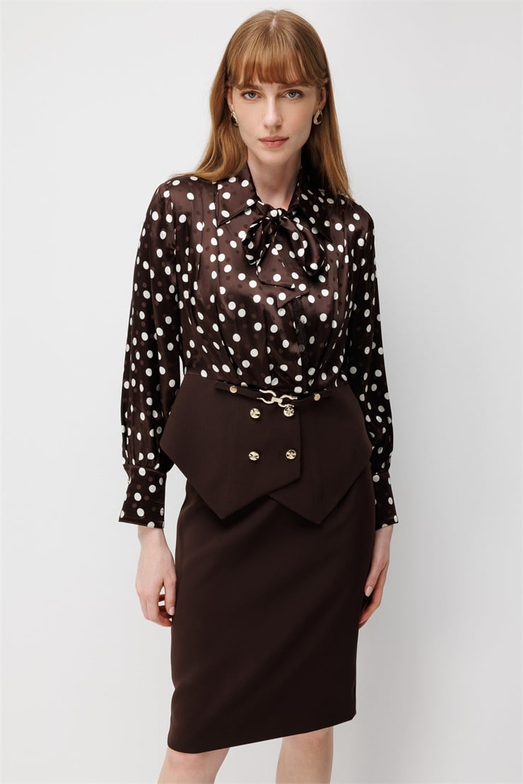 Modailgi  Kruvaze Puantiye Desen Bluz - 40222 Kahve