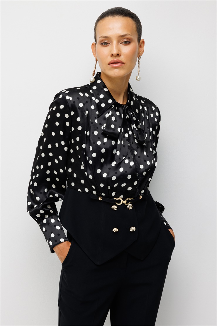 Modailgi  Kruvaze Puantiye Desen Bluz - 40222 Siyah