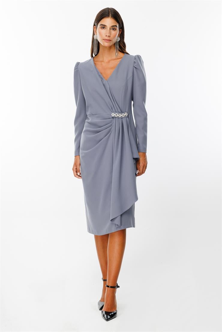 Modailgi  Kruvaze Volan Detaylı Elbise Gri