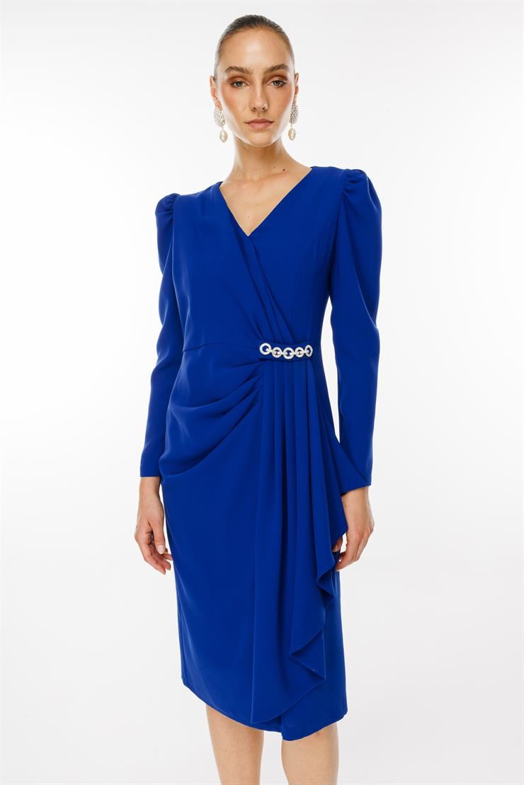 Modailgi  Kruvaze Volan Detaylı Elbise Saks