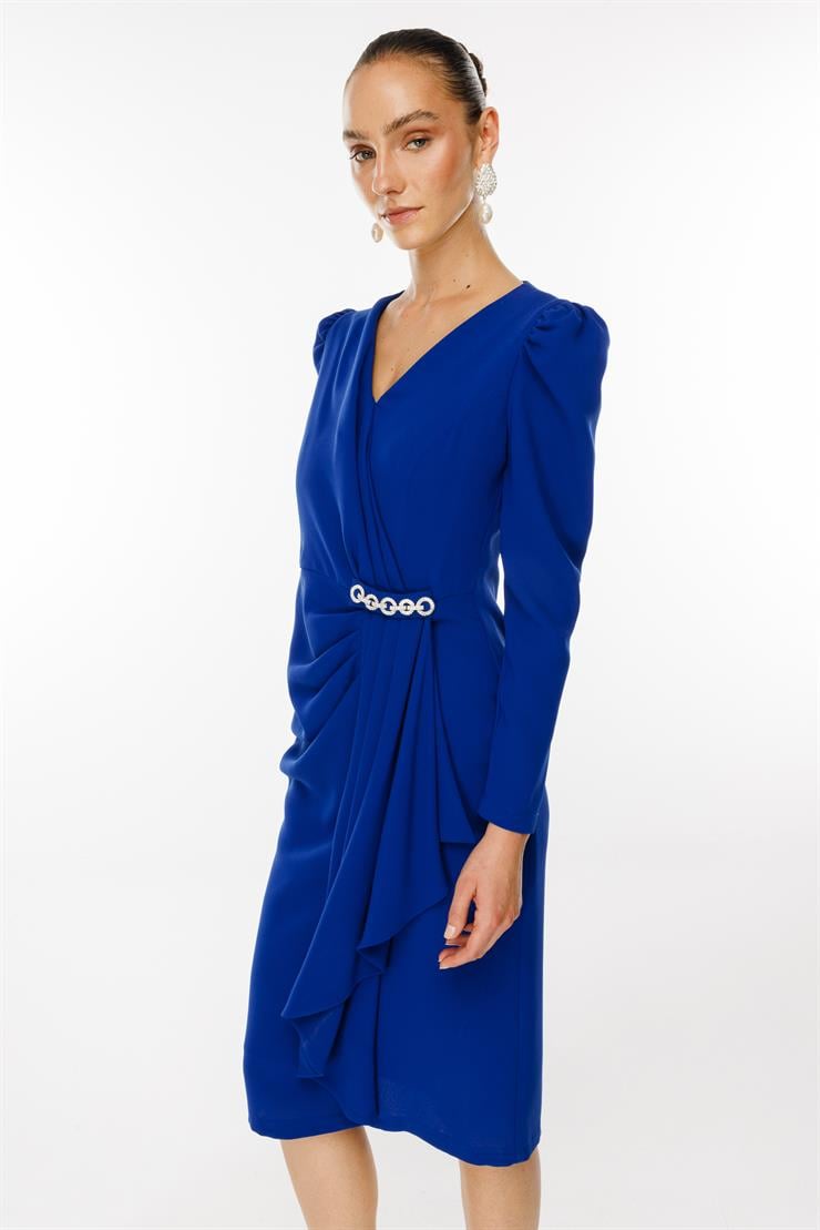 Modailgi  Kruvaze Volan Detaylı Elbise Saks