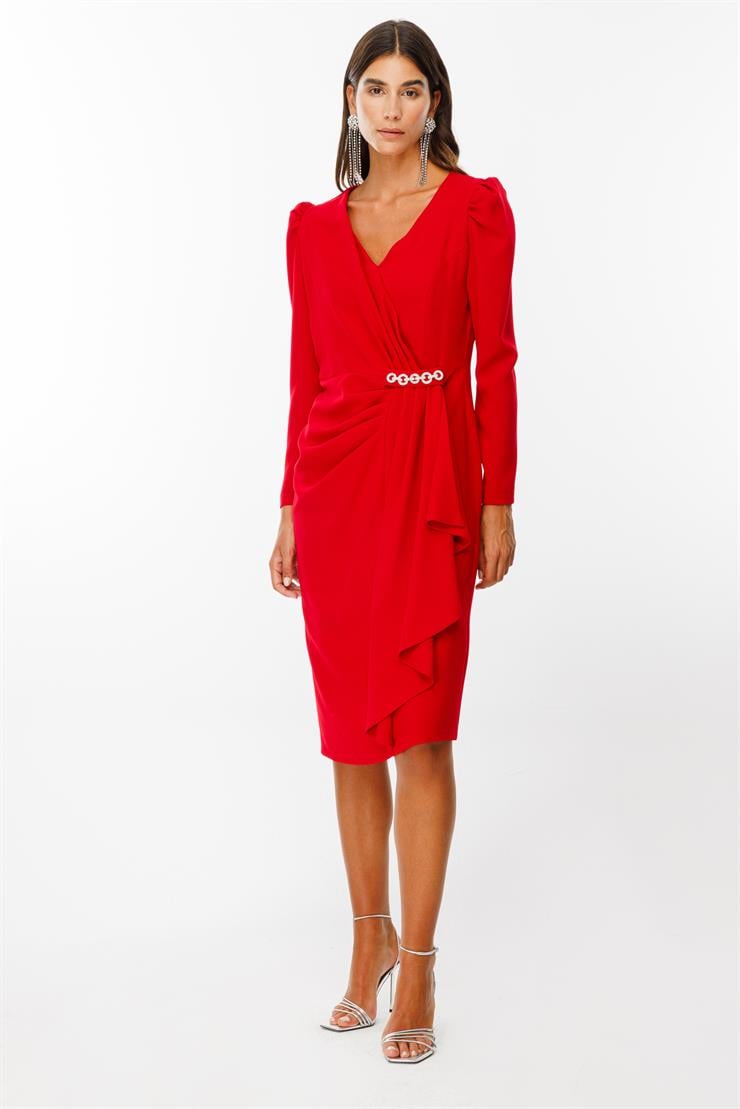 Modailgi  Kruvaze Volan Detaylı Elbise Kırmızı