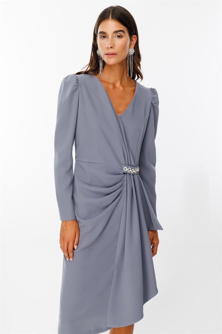 Modailgi  Kruvaze Volan Detaylı Elbise Gri