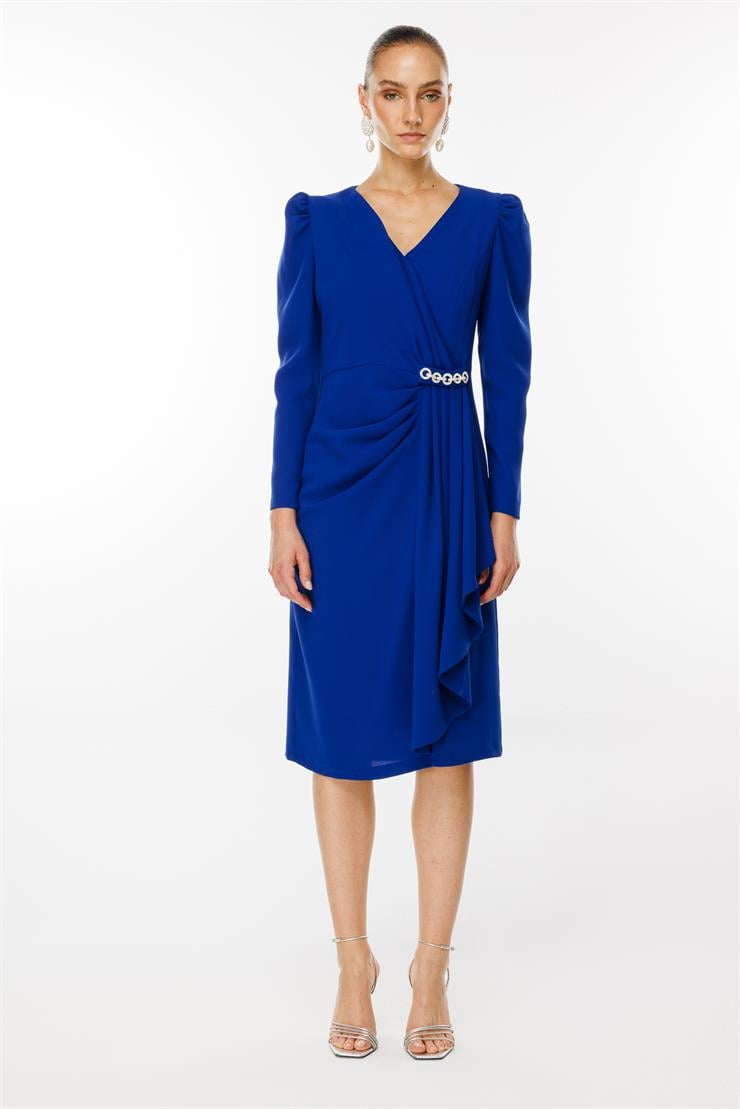 Modailgi  Kruvaze Volan Detaylı Elbise Saks