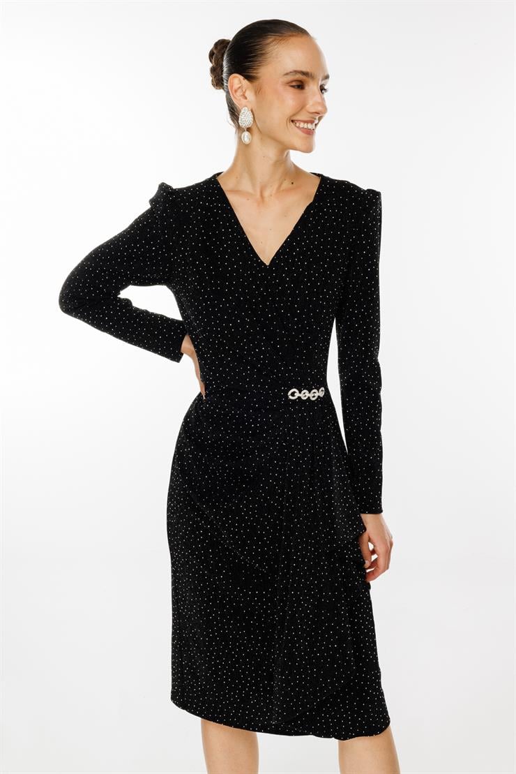 Modailgi  Kruvaze Volanlı Taşlı Örme Elbise Siyah