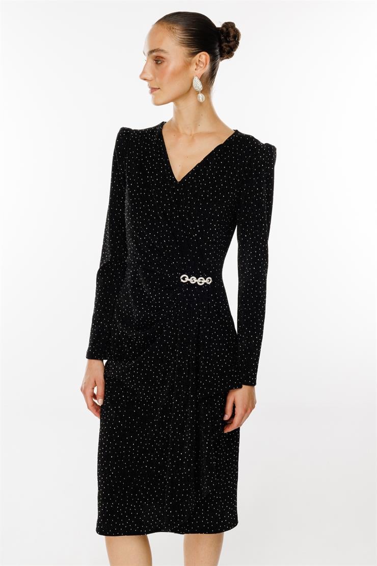 Modailgi  Kruvaze Volanlı Taşlı Örme Elbise Siyah