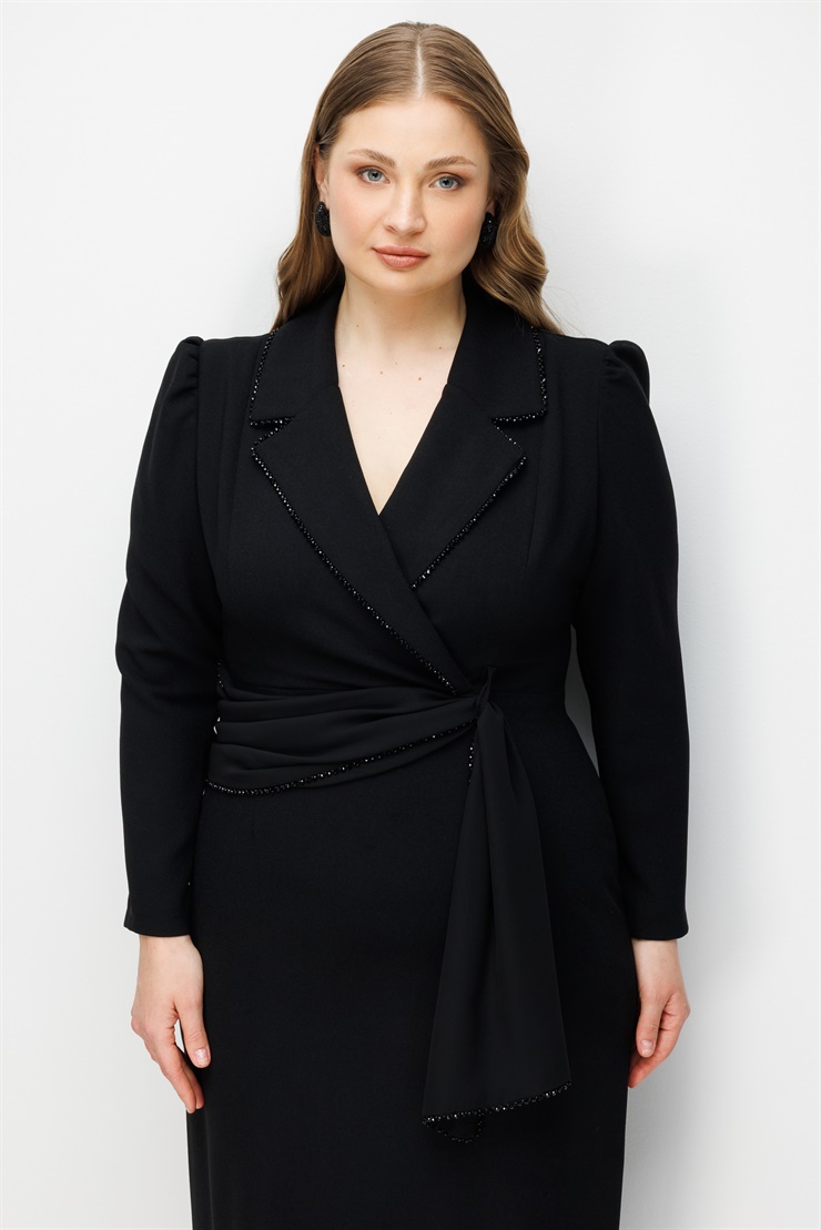 Modailgi  Kruvaze Yaka Boncuk Aksesuarlı Uzun Elbise Siyah