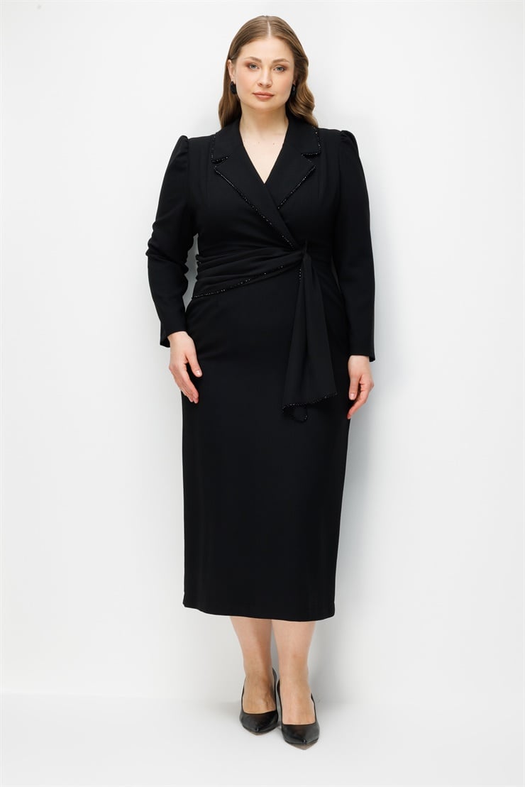 Modailgi  Kruvaze Yaka Boncuk Aksesuarlı Uzun Elbise Siyah