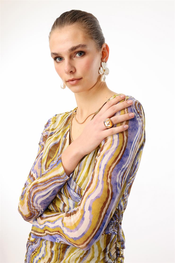 Modailgi  Kruvaze Yakalı Zincir Aksesuarlı Büzgülü Uzun Tül Elbise Orijinal