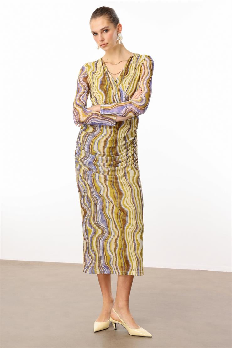 Modailgi  Kruvaze Yakalı Zincir Aksesuarlı Büzgülü Uzun Tül Elbise Orijinal