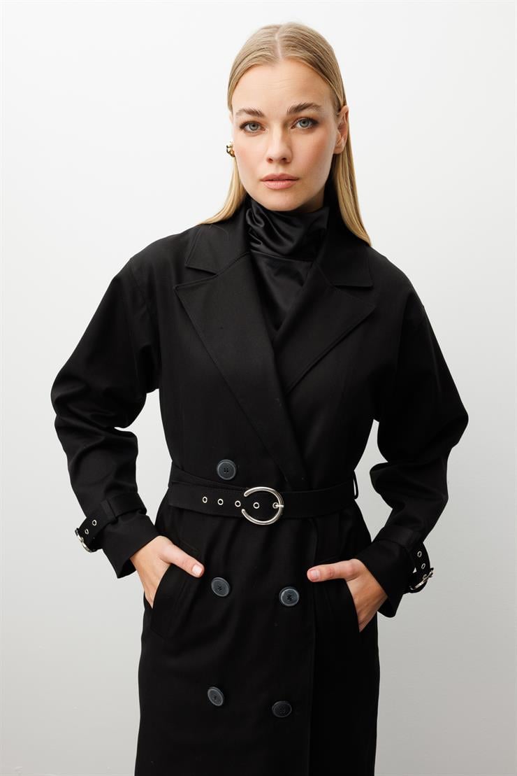 Modailgi  Kumaş Mix Detaylı Kruvaze Kapamalı Kemer Detaylı Oversize Trençkot Siyah/Siyah