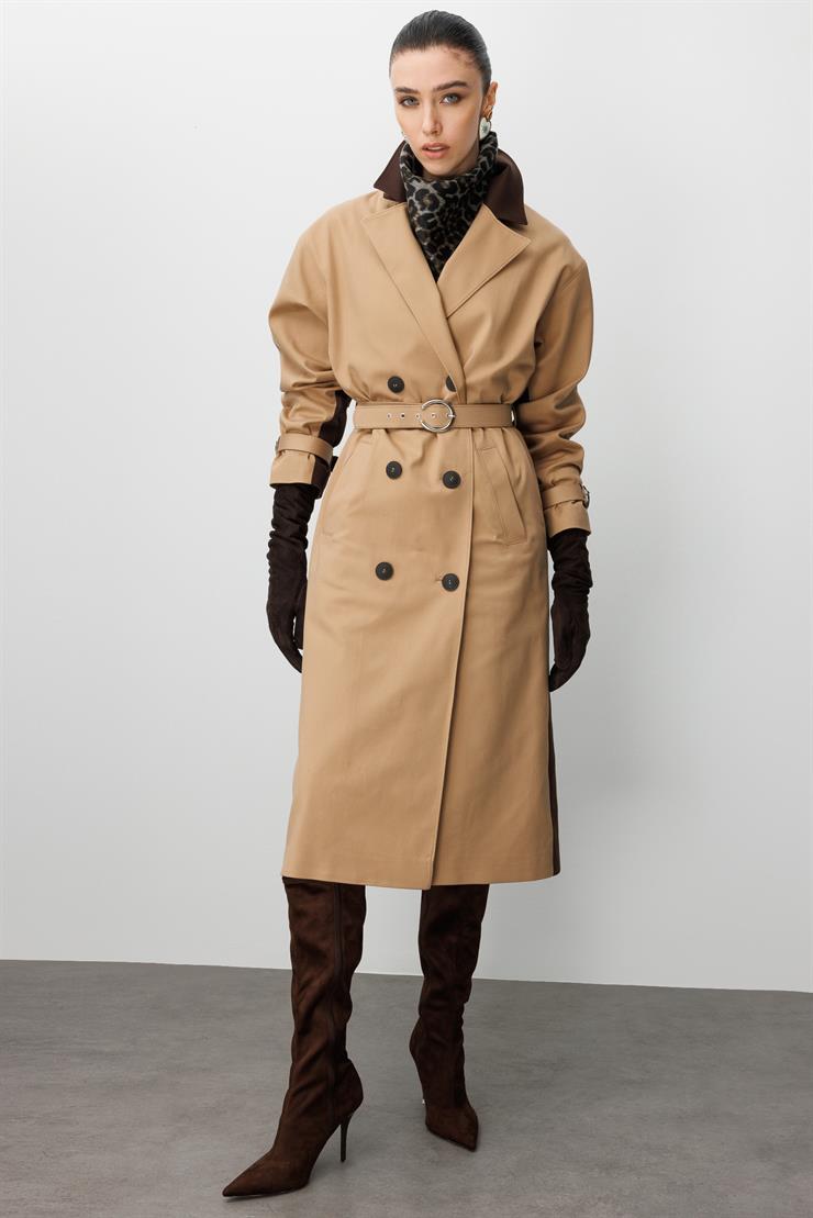 Modailgi  Kumaş Mix Detaylı Kruvaze Kapamalı Kemer Detaylı Oversize Trençkot Camel/Kahve