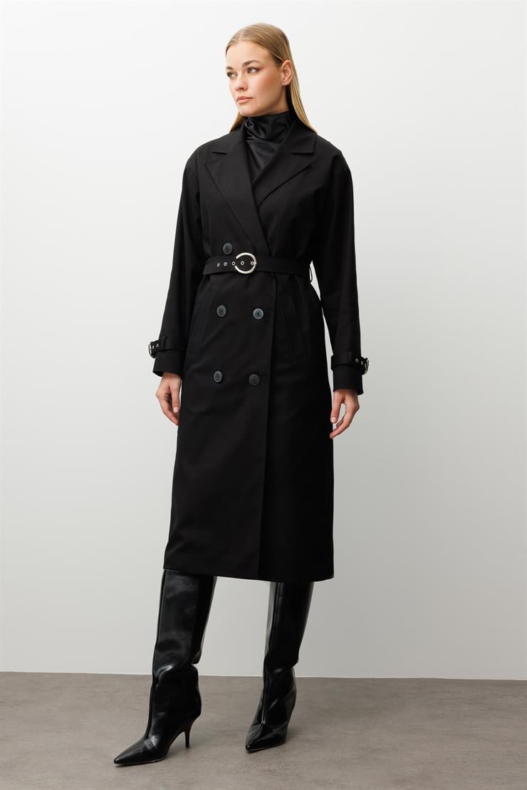 Modailgi  Kumaş Mix Detaylı Kruvaze Kapamalı Kemer Detaylı Oversize Trençkot Siyah/Siyah