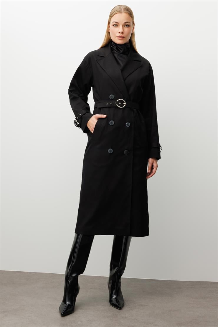 Modailgi  Kumaş Mix Detaylı Kruvaze Kapamalı Kemer Detaylı Oversize Trençkot Siyah/Siyah