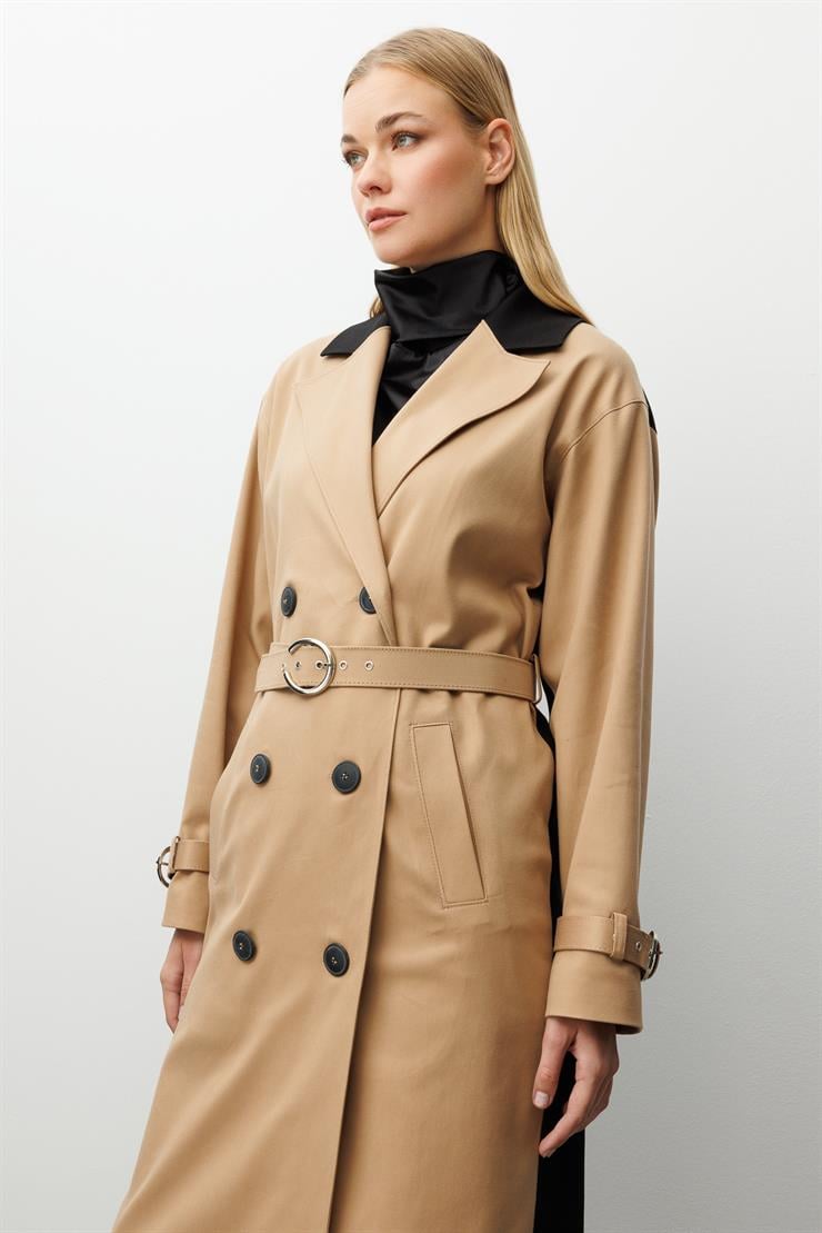 Modailgi  Kumaş Mix Detaylı Kruvaze Kapamalı Kemer Detaylı Oversize Trençkot Camel/Siyah