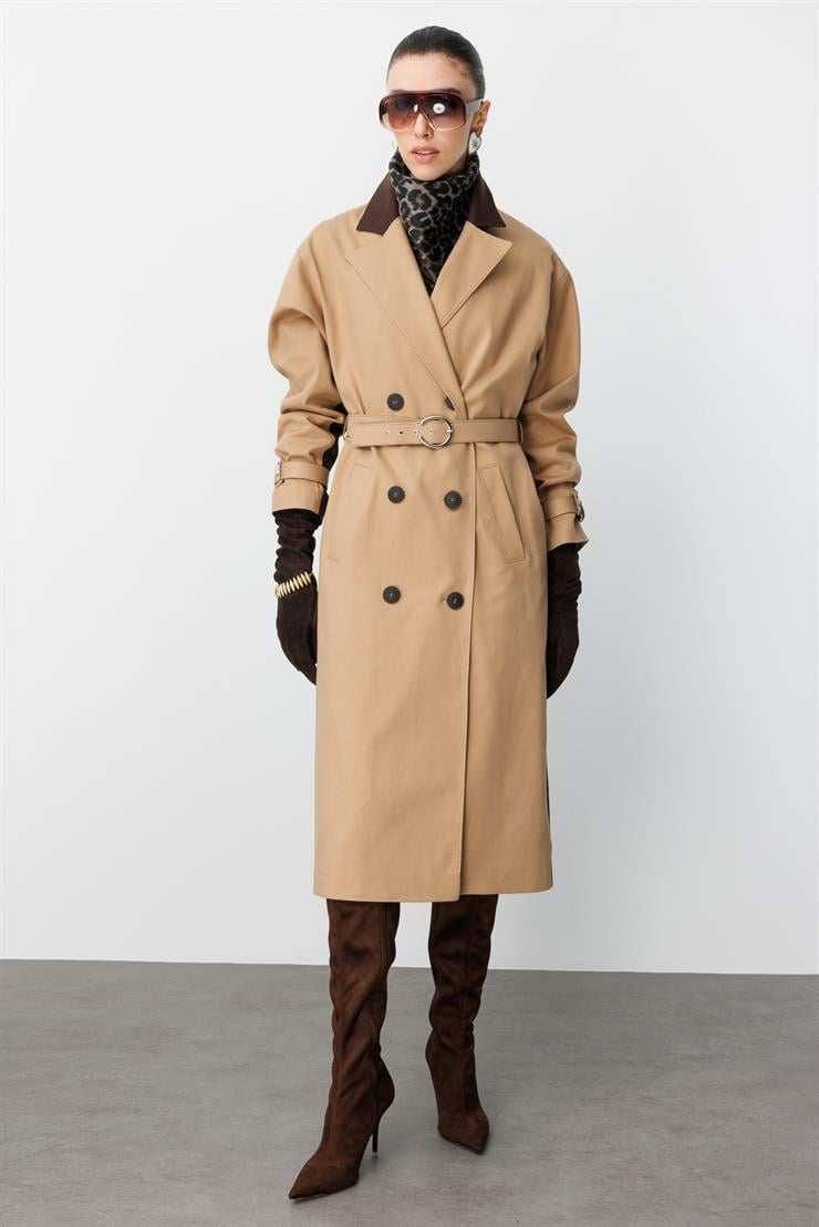 Modailgi  Kumaş Mix Detaylı Kruvaze Kapamalı Kemer Detaylı Oversize Trençkot Camel/Kahve