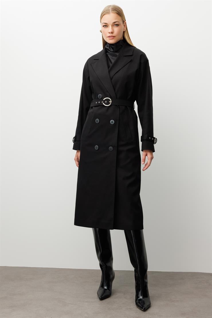 Modailgi  Kumaş Mix Detaylı Kruvaze Kapamalı Kemer Detaylı Oversize Trençkot Siyah/Siyah