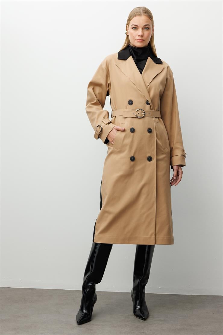Modailgi  Kumaş Mix Detaylı Kruvaze Kapamalı Kemer Detaylı Oversize Trençkot Camel/Siyah